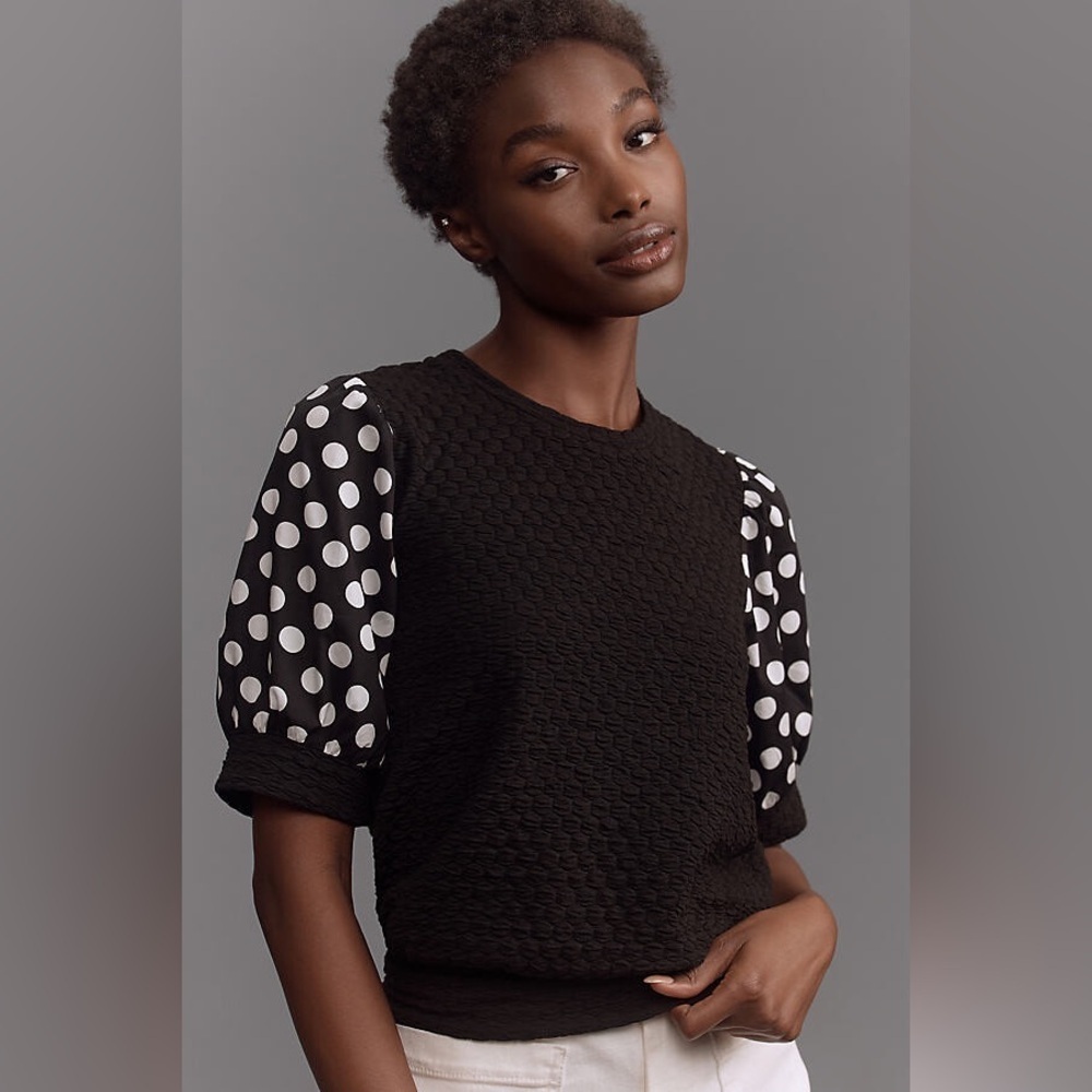 NWT new medium Anthropologie porridge puff sleeve  top black white polka dot